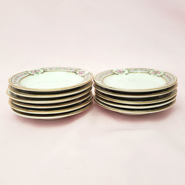 Antique Round Porcelain Butter Pats Small Dishes Set of 11 Pink Roses Gold Trim 3 1/2"