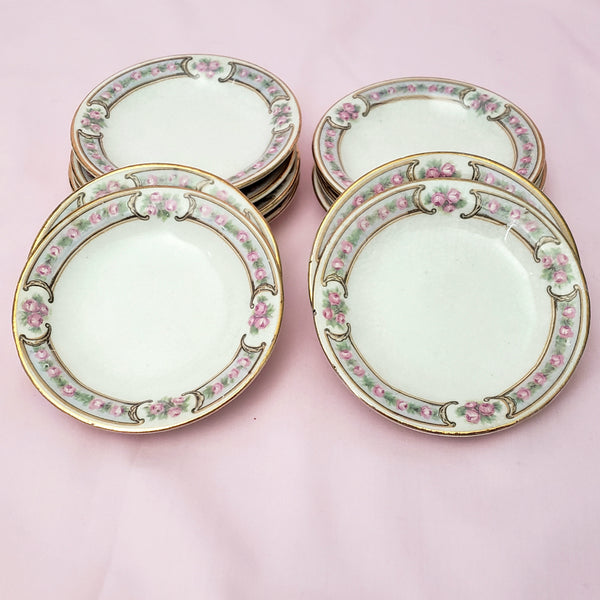 Antique Round Porcelain Butter Pats Small Dishes Set of 11 Pink Roses Gold Trim 3 1/2"