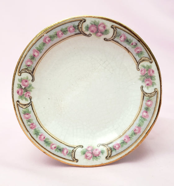 Antique Round Porcelain Butter Pats Small Dishes Set of 11 Pink Roses Gold Trim 3 1/2"