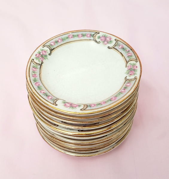 Antique Round Porcelain Butter Pats Small Dishes Set of 11 Pink Roses Gold Trim 3 1/2"