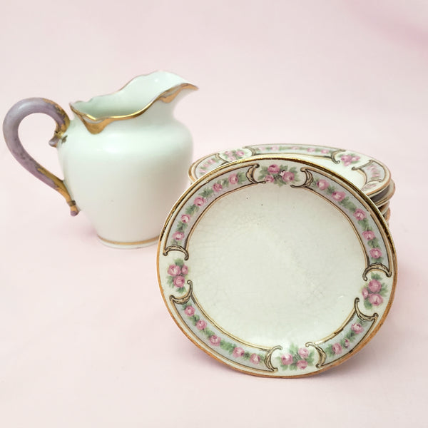 Antique Round Porcelain Butter Pats Small Dishes Set of 11 Pink Roses Gold Trim 3 1/2"