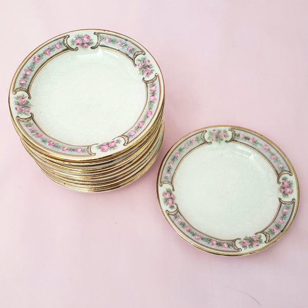 Antique Round Porcelain Butter Pats Small Dishes Set of 11 Pink Roses Gold Trim