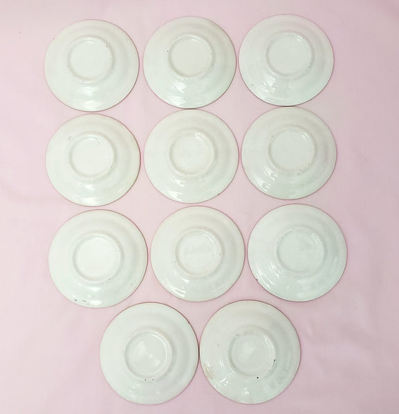 Antique Round Porcelain Butter Pats Small Dishes Set of 11 Pink Roses Gold Trim 3 1/2"