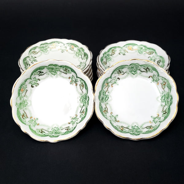 Antique Porcelain Butter Pats Dishes Set of 11 Green on White Gold Trim 2 7/8"