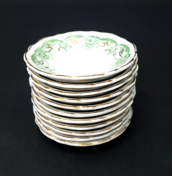 Antique Porcelain Butter Pats Dishes Set of 11 Green on White Gold Trim 2 7/8"