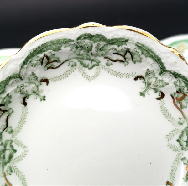 Antique Porcelain Butter Pats Dishes Set of 11 Green on White Gold Trim 2 7/8"