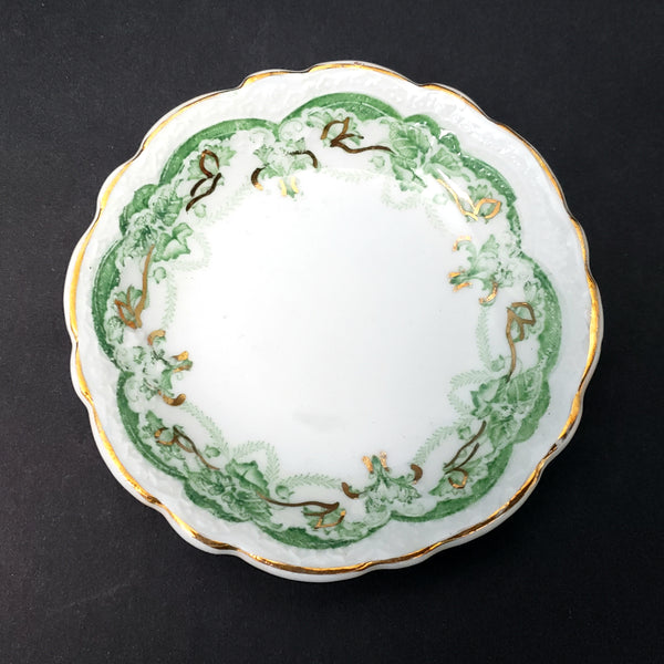 Antique Porcelain Butter Pats Dishes Set of 11 Green on White Gold Trim 2 7/8"