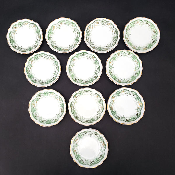 Antique Porcelain Butter Pats Dishes Set of 11 Green on White Gold Trim 2 7/8"