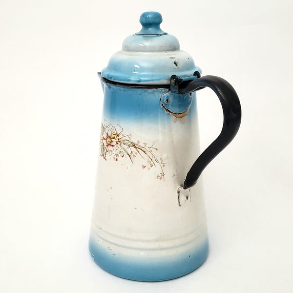 Antique Enameled Coffee Pot Blue & White Blend Flowers Riveted Handle by Stewart