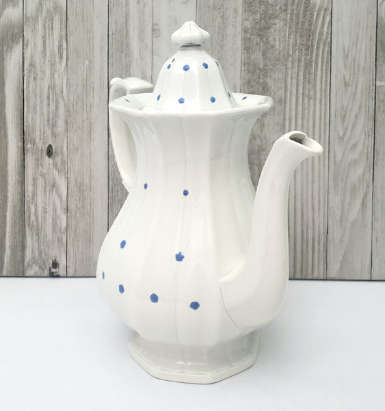 Antique White Granite Ironstone Coffee Pot with Blue Flower Heads 11"