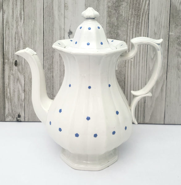 Antique White Granite Ironstone Coffee Pot with Blue Flower Heads 11"