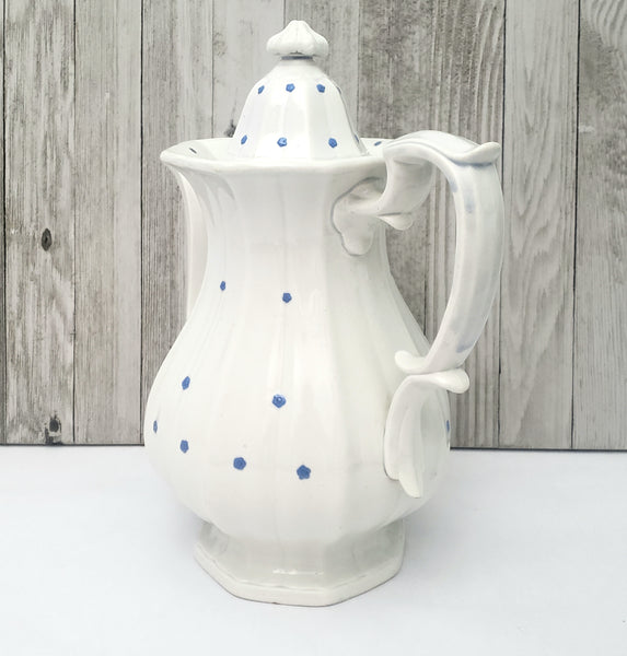 Antique White Granite Ironstone Coffee Pot with Blue Flower Heads 11"