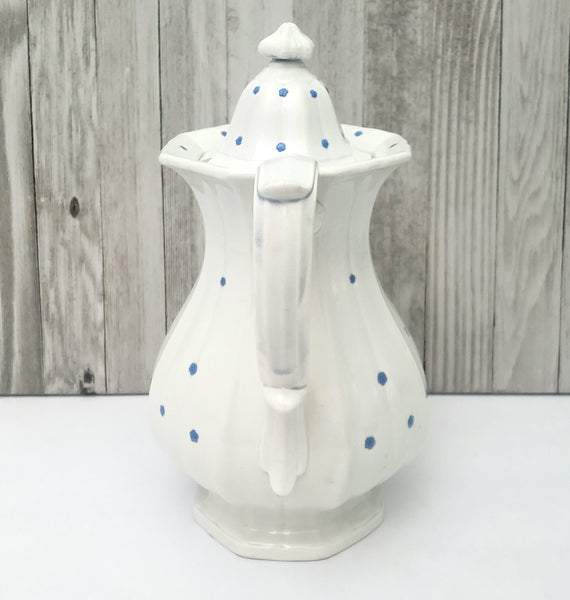 Antique White Granite Ironstone Coffee Pot with Blue Flower Heads 11"