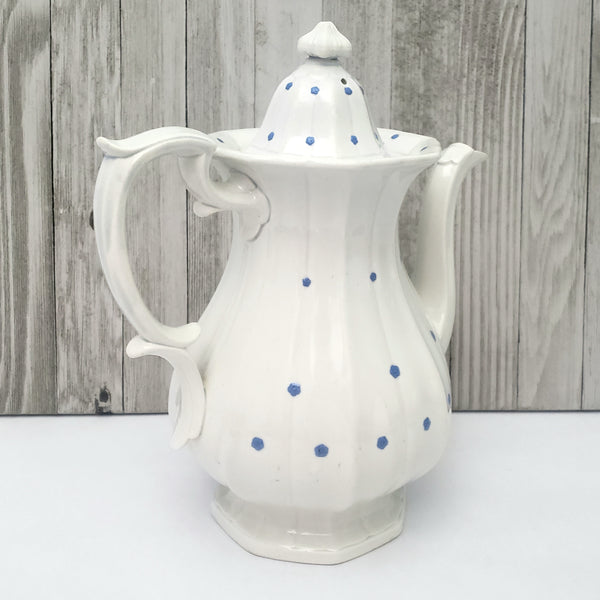 Antique White Granite Ironstone Coffee Pot with Blue Flower Heads 11"