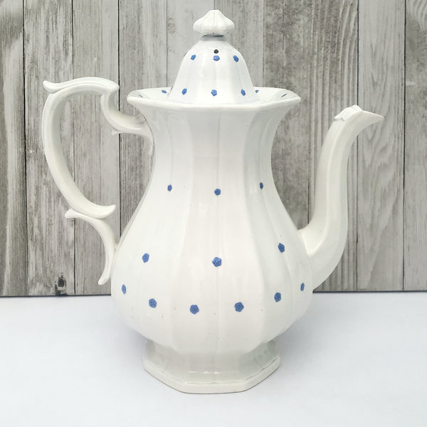 Antique White Granite Ironstone Coffee Pot with Blue Flower Heads 11"