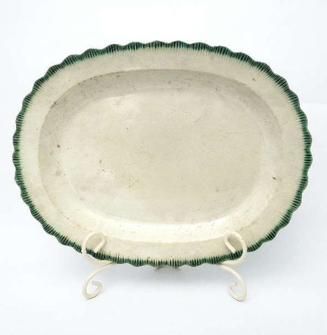 Antique Green Feathered Edge Oval Platter 15 1/2" Creamware