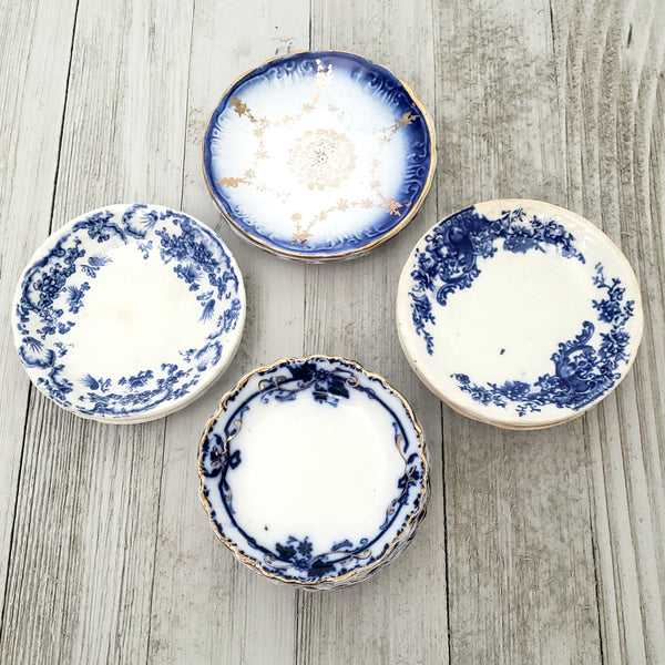 Antique Blue & White Round Butter Pat Dishes Collection of 12