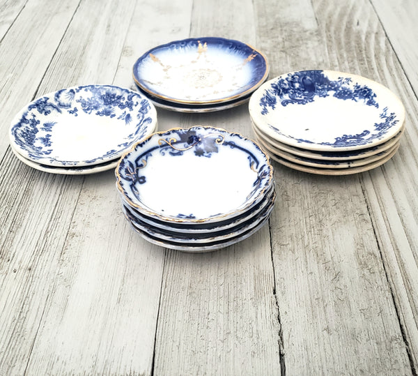 Antique Blue & White Round Butter Pat Dishes Collection of 12