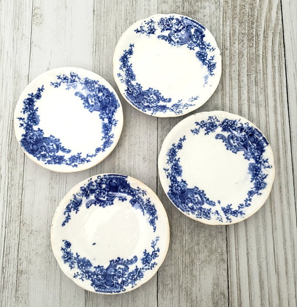 Antique Blue & White Round Butter Pat Dishes Collection of 12