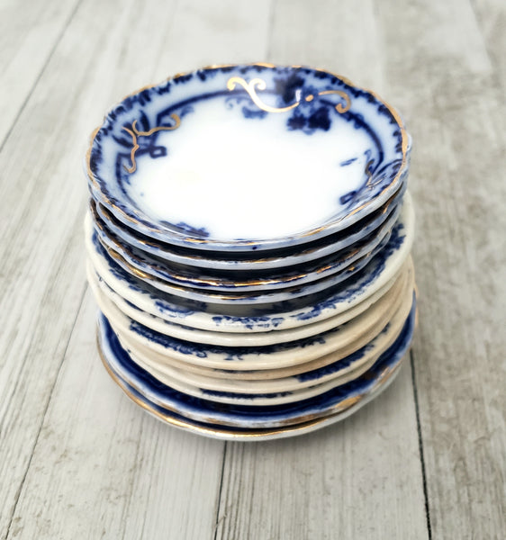 Antique Blue & White Round Butter Pat Dishes Collection of 12