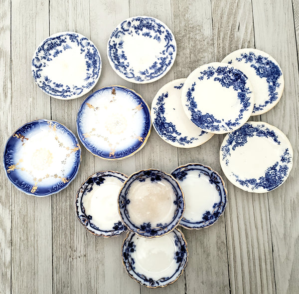 Antique Blue & White Round Butter Pat Dishes Collection of 12