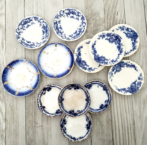 Antique Blue & White Round Butter Pat Dishes Collection of 12