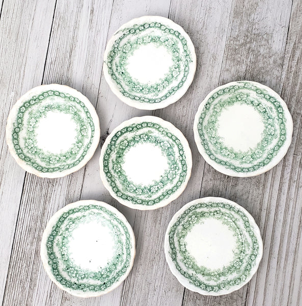 Antique English Round Butter Pats Dishes Set of 6 Argyle Green & White Floral Swag