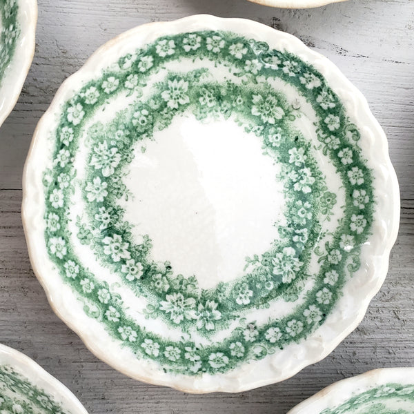 Antique English Round Butter Pats Dishes Set of 6 Argyle Green & White Floral Swag