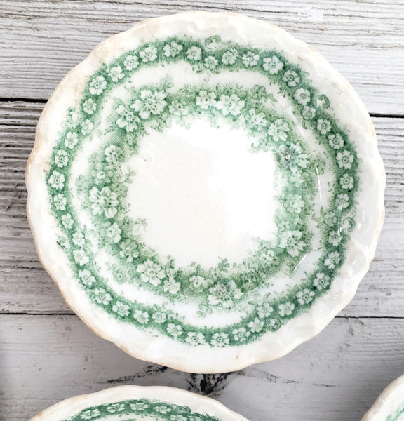 Antique English Round Butter Pats Dishes Set of 6 Argyle Green & White Floral Swag