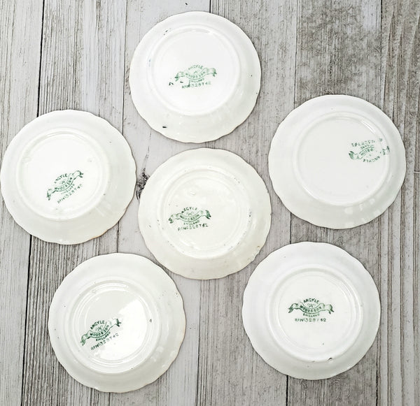 Antique English Round Butter Pats Dishes Set of 6 Argyle Green & White Floral Swag