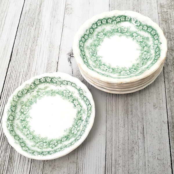 Antique English Round Butter Pats Dishes Set of 6 Argyle Green & White Floral Swag