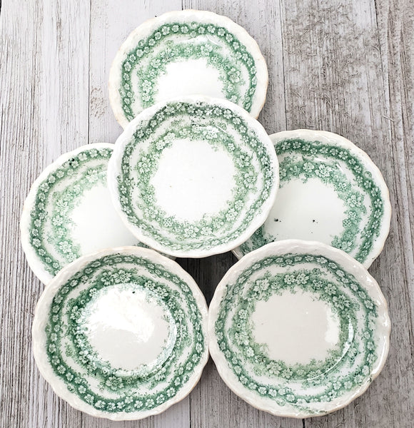 Antique English Round Butter Pats Dishes Set of 6 Argyle Green & White Floral Swag