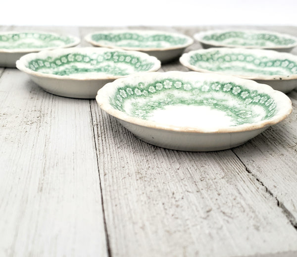 Antique English Round Butter Pats Dishes Set of 6 Argyle Green & White Floral Swag