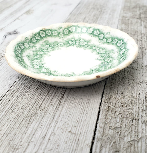 Antique English Round Butter Pats Dishes Set of 6 Argyle Green & White Floral Swag