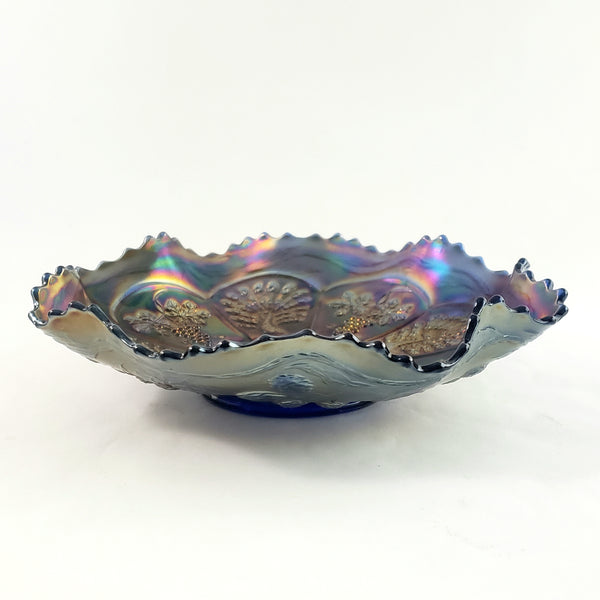 Antique Fenton Art Carnival Glass Bowl "Peacock and Grape" 9" Ruffled Collared Base