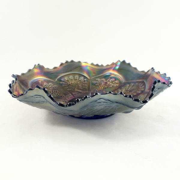 Antique Fenton Art Carnival Glass Bowl "Peacock and Grape" 9" Ruffled Collared Base