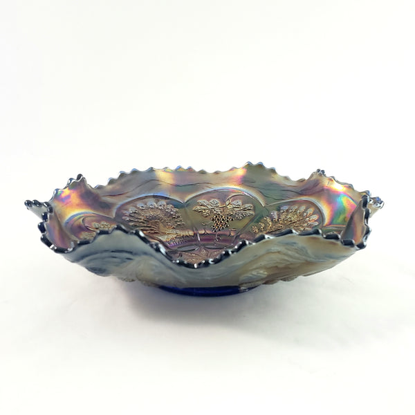 Antique Fenton Art Carnival Glass Bowl "Peacock and Grape" 9" Ruffled Collared Base