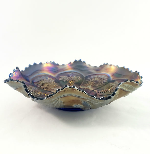 Antique Fenton Art Carnival Glass Bowl "Peacock and Grape" 9" Ruffled Collared Base