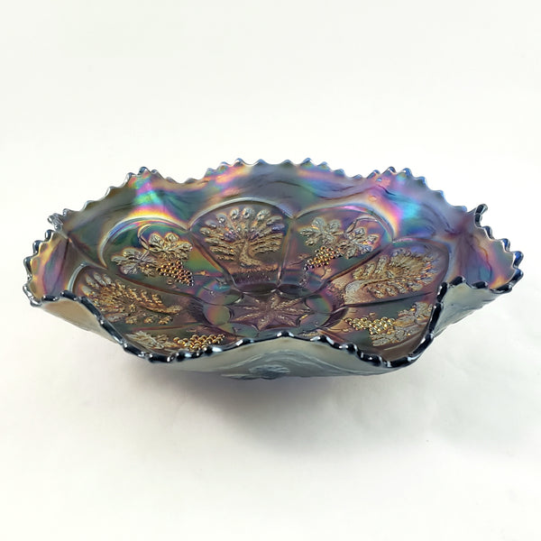 Antique Fenton Art Carnival Glass "Peacock and Grape" 9" Ruffled Collared Base