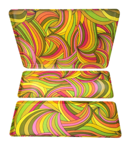 Retro Swirl 1960s Colorful Rectangular Fiberglass Trays Set of 3 MFG Tray Co.