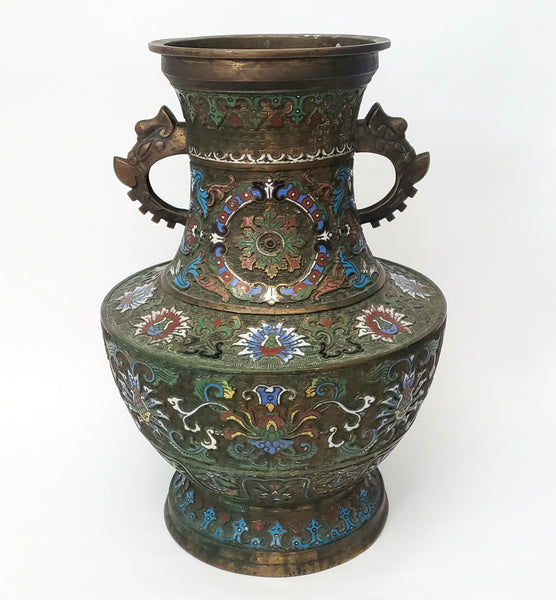 Large 19" Stately Japanese Champlevé Vase Enamel over Brass 