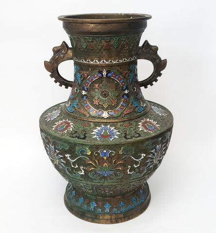 Large 19" Stately Japanese Champlevé Vase Enamel over Brass 