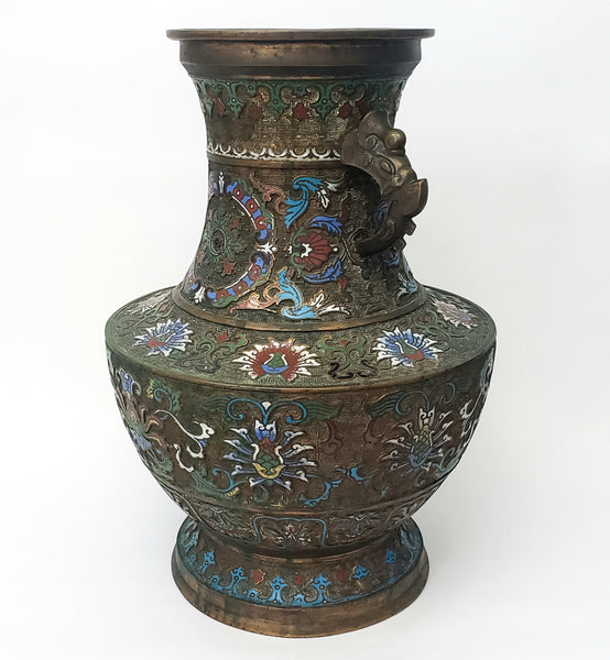 Large 19" Stately Japanese Champlevé Vase Enamel over Brass