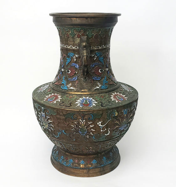 Large 19" Stately Japanese Champlevé Vase Enamel over Brass