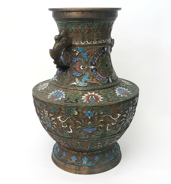 Large 19" Stately Japanese Champlevé Vase Enamel over Brass