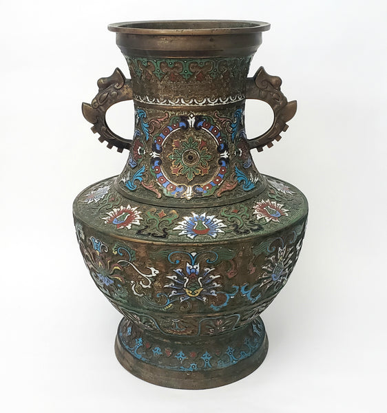 Large 19" Stately Japanese Champlevé Vase Enamel over Brass