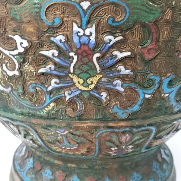 Large 19" Stately Japanese Champlevé Vase Enamel over Brass