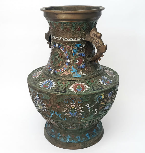 Large 19" Stately Japanese Champlevé Vase Enamel over Brass