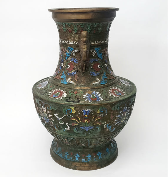 Large 19" Stately Japanese Champlevé Vase Enamel over Brass