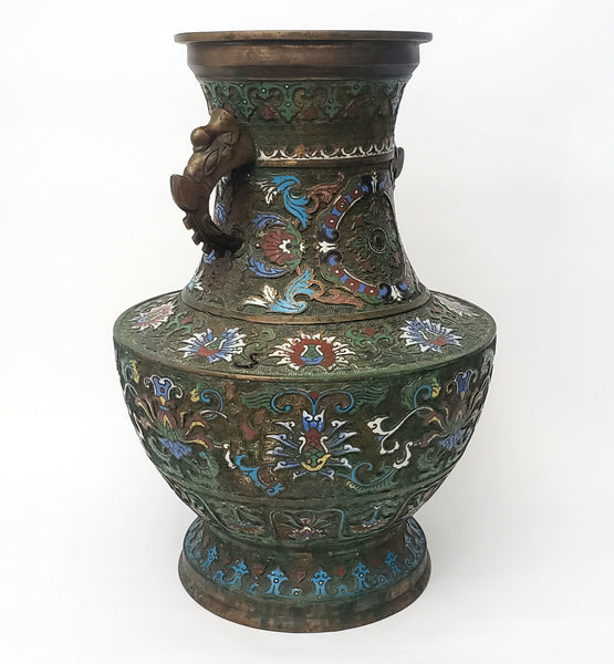 Large 19" Stately Japanese Champlevé Vase Enamel over Brass